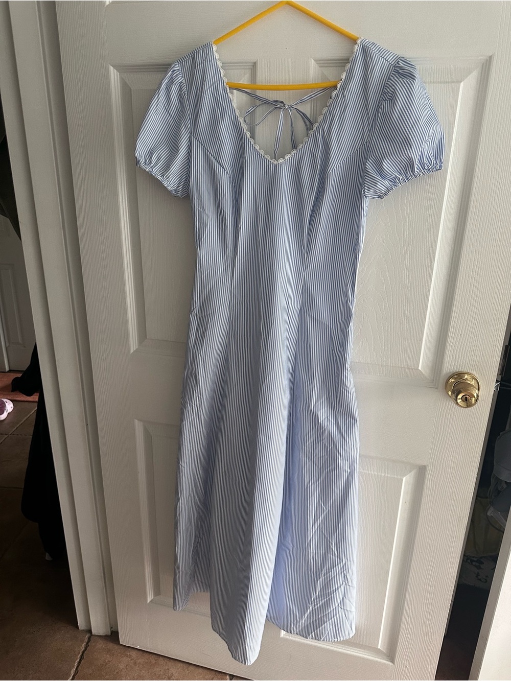 RIHOAS Blue and White Striped Puff Sleeve Midi Dress